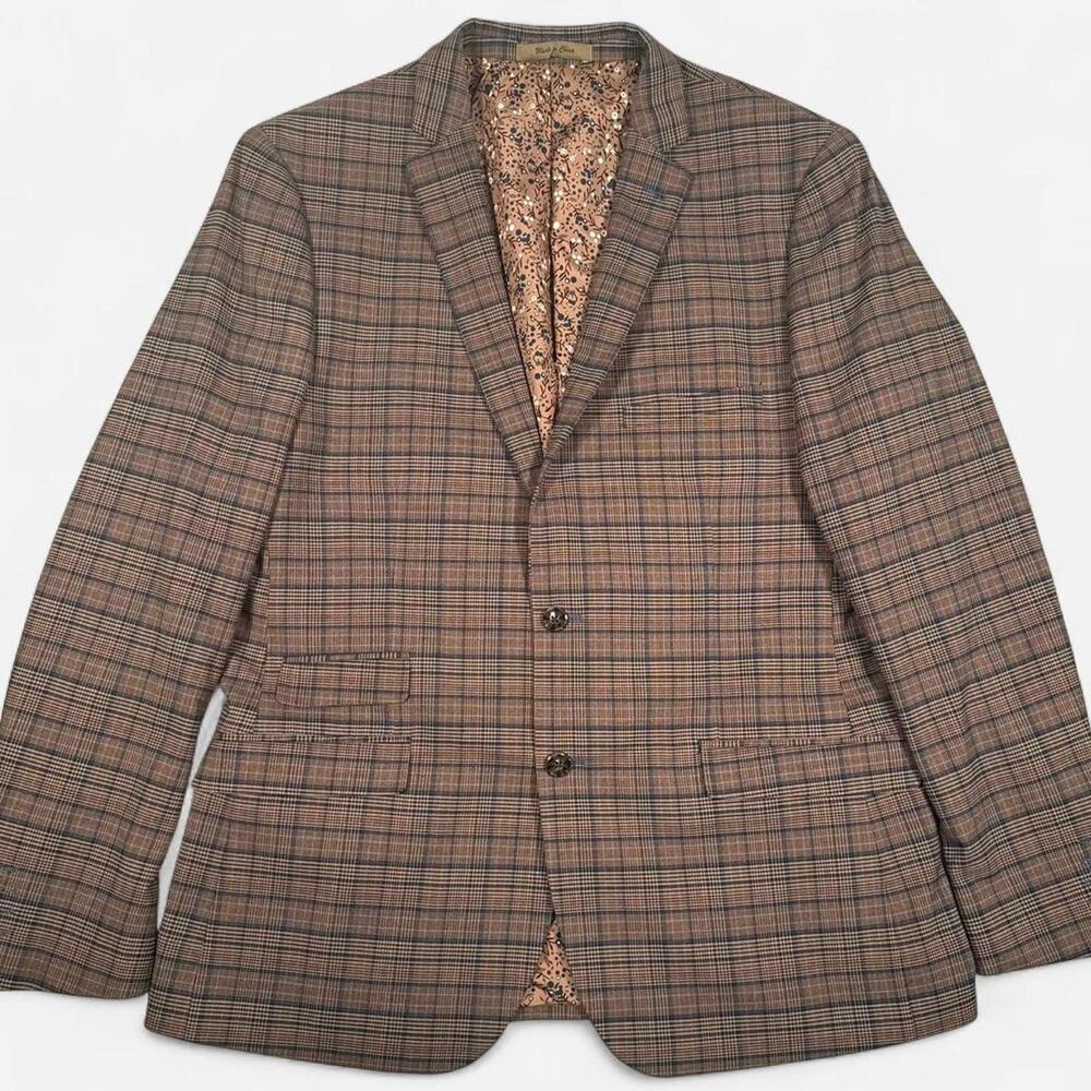Paisley & Gray Plaid Suit Jacket Mens L Slim Wool Blend Bulldog Lining